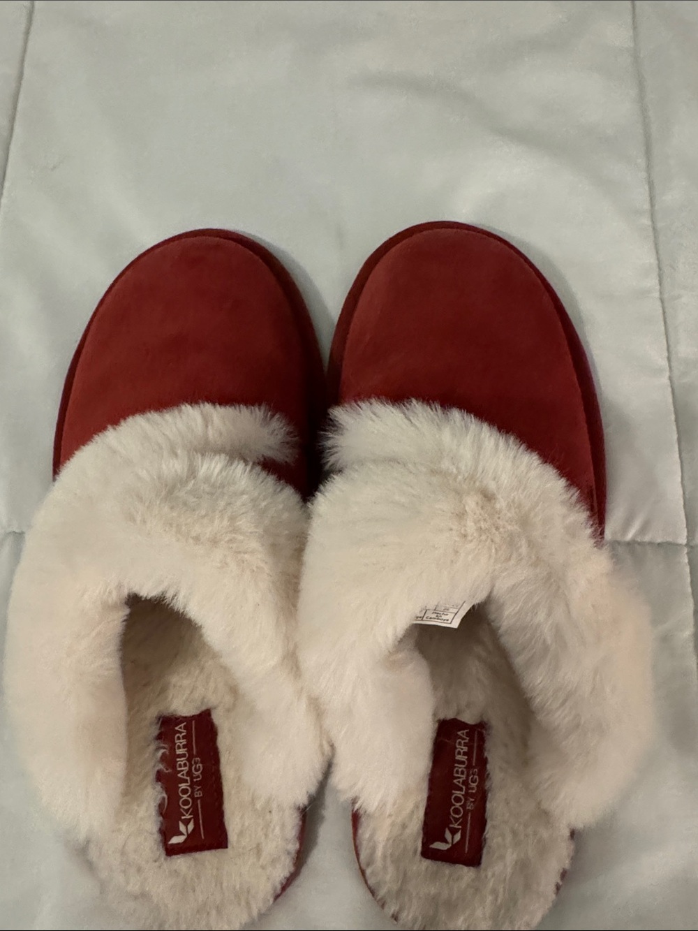 Koolaburra Red Suede Slip-On Slippers with Cream Shearling Collar